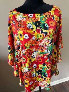 Csc Studio Colorful & Vibrant Floral Red Boatneck Blouse Medium